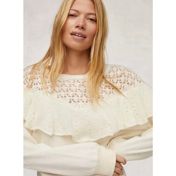 Anthropologie Layered Ruffle Collar Crochet Knit Pullover Sweater Cream SZ Small - Picture 2 of 10
